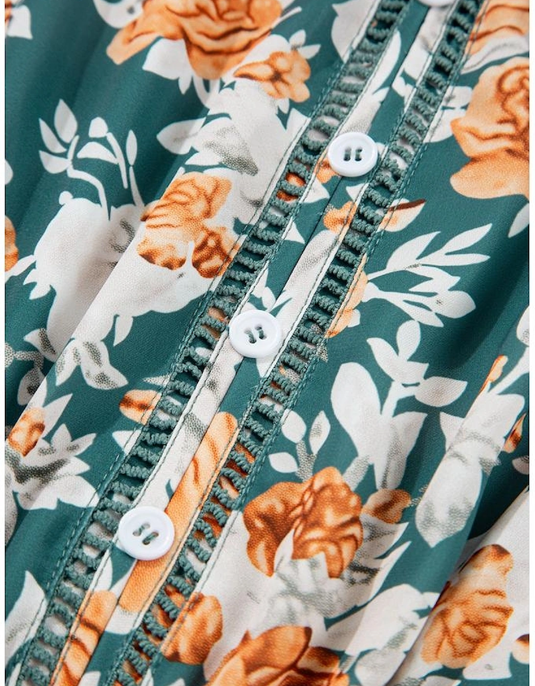 Green Floral Print Trimmed V Neck Tie Waist Sleeveless Holiday Long Dress