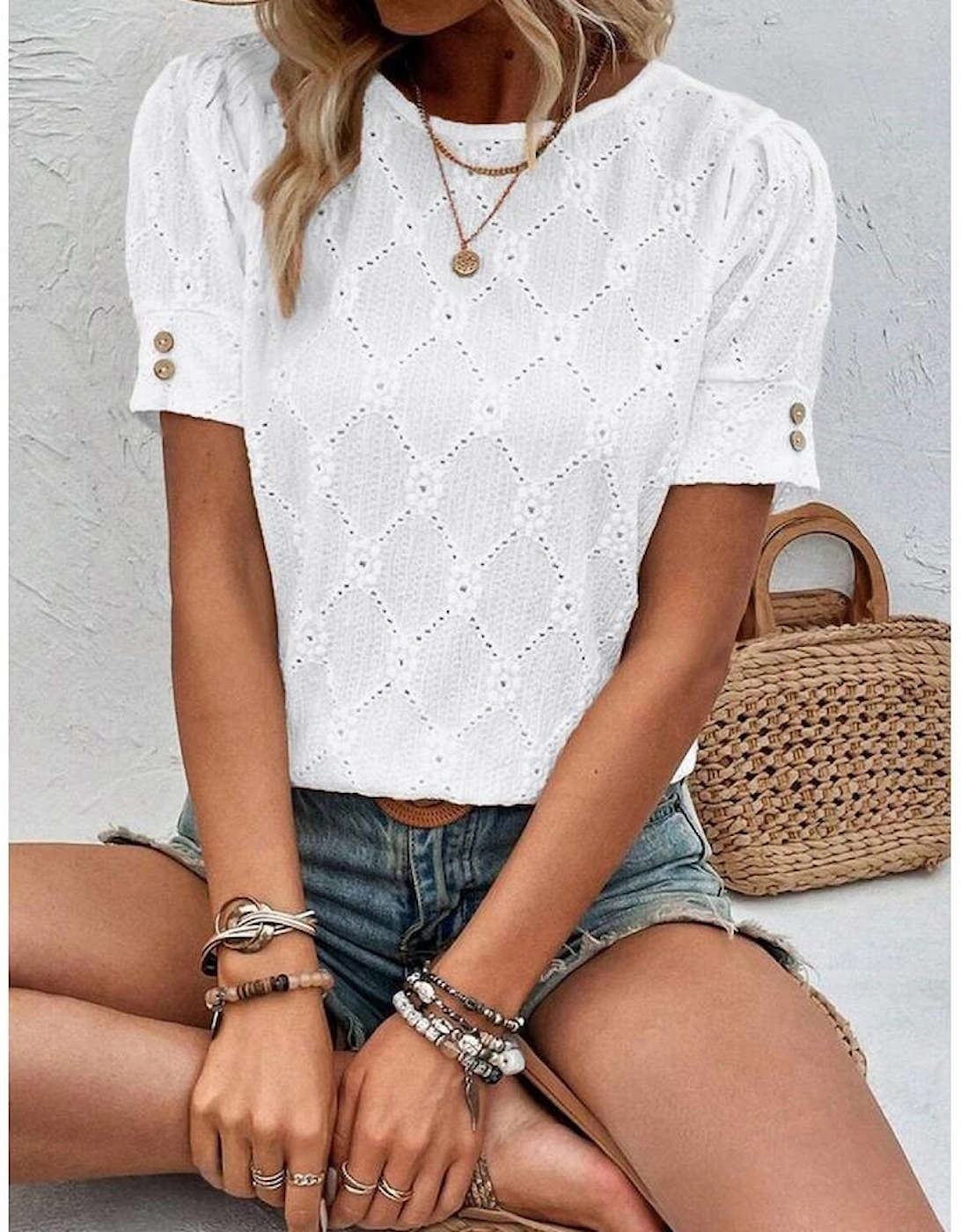 White Flower Geometric Textured Button Short Sleeve Top, 11 of 10