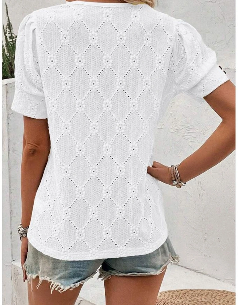 White Flower Geometric Textured Button Short Sleeve Top