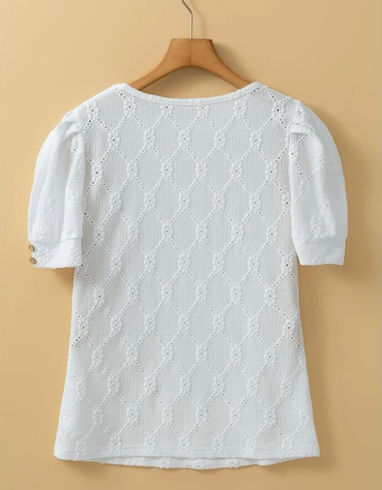 White Flower Geometric Textured Button Short Sleeve Top