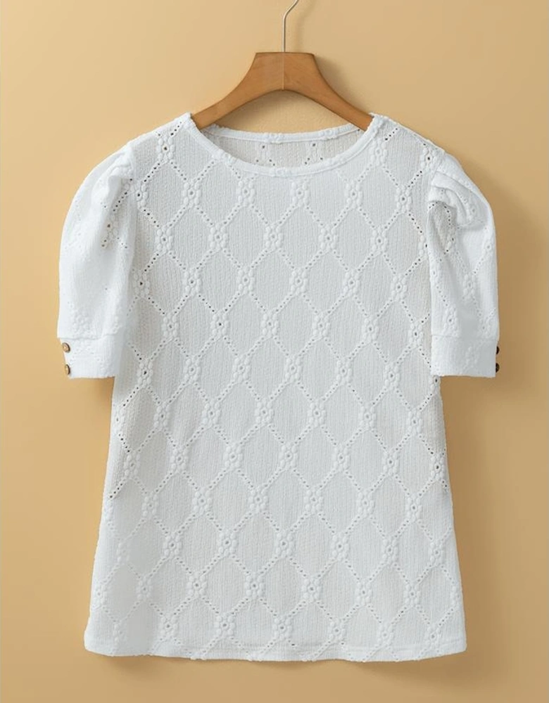 White Flower Geometric Textured Button Short Sleeve Top