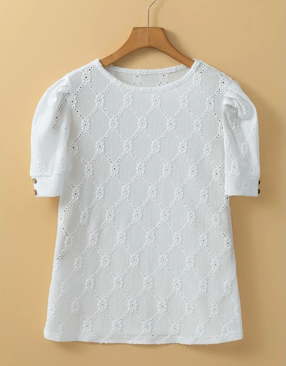 White Flower Geometric Textured Button Short Sleeve Top