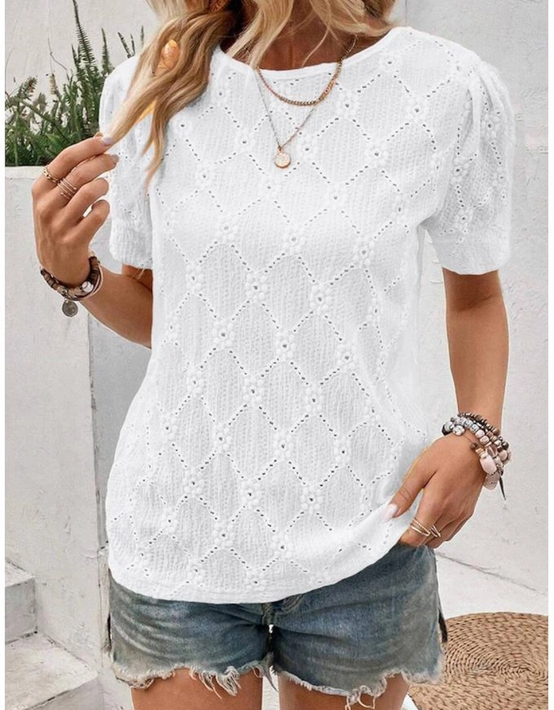 White Flower Geometric Textured Button Short Sleeve Top