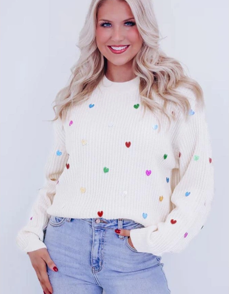 Beige Sequin Heart Shape Waffle Knit Round Neck Sweater