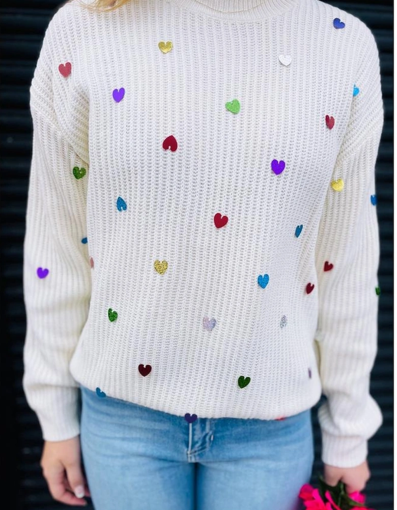 Beige Sequin Heart Shape Waffle Knit Round Neck Sweater