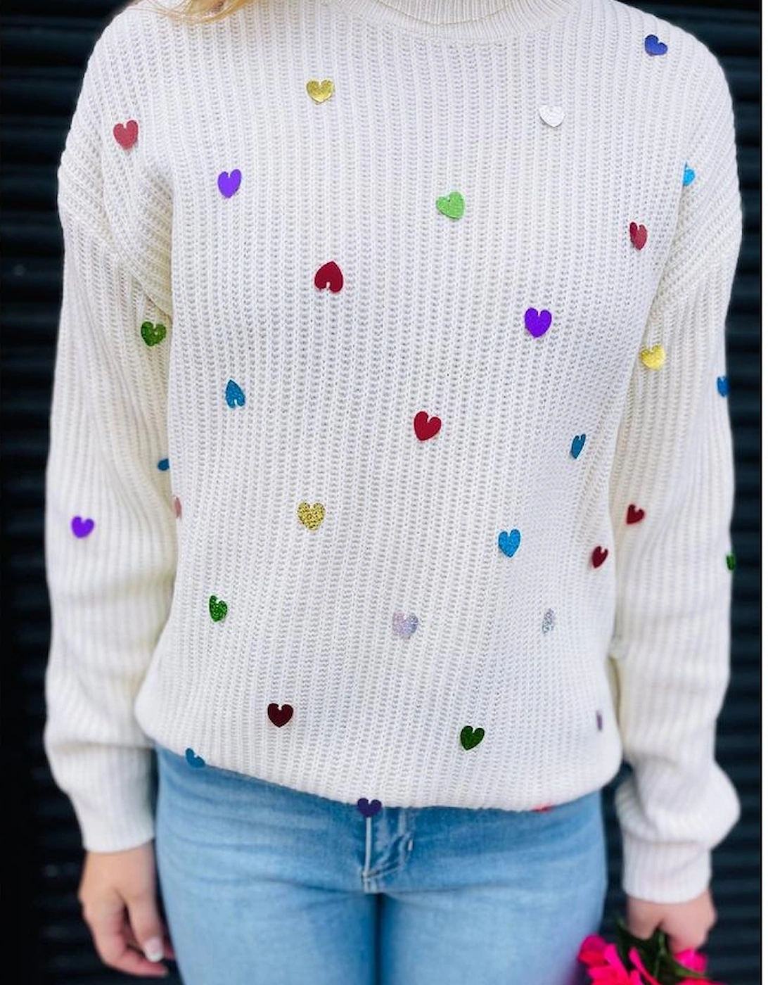 Beige Sequin Heart Shape Waffle Knit Round Neck Sweater