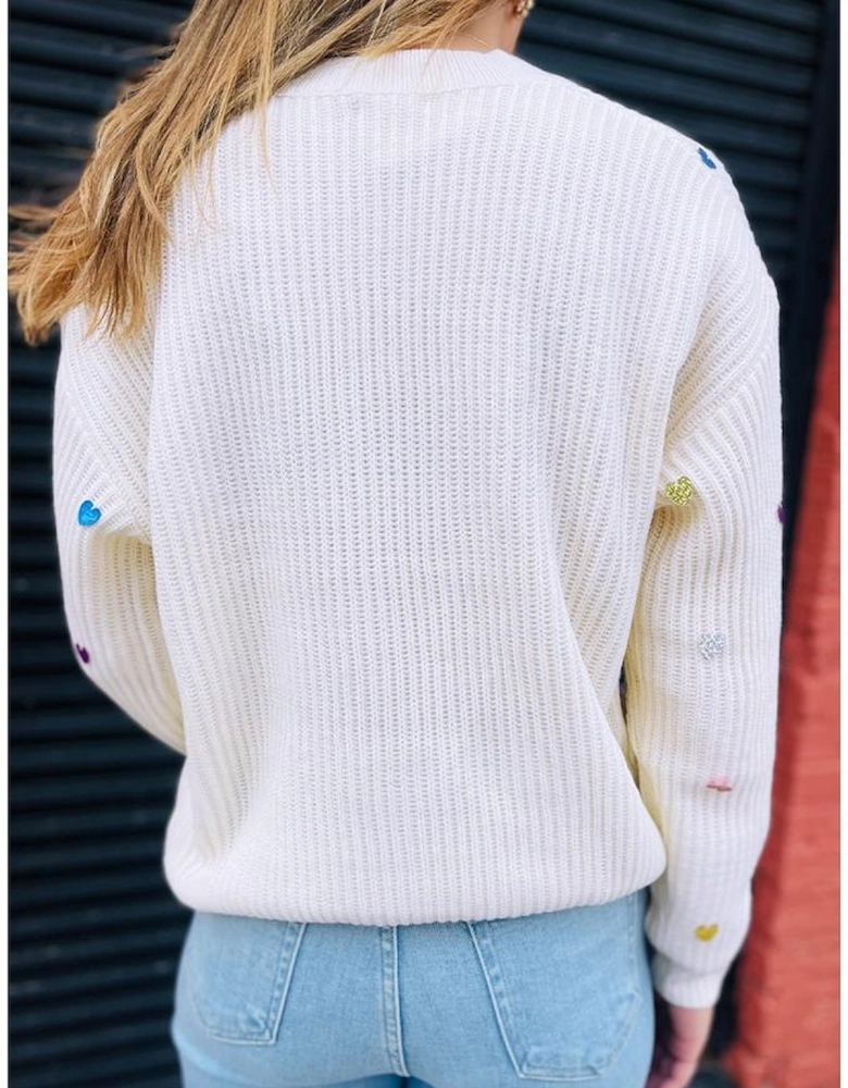 Beige Sequin Heart Shape Waffle Knit Round Neck Sweater