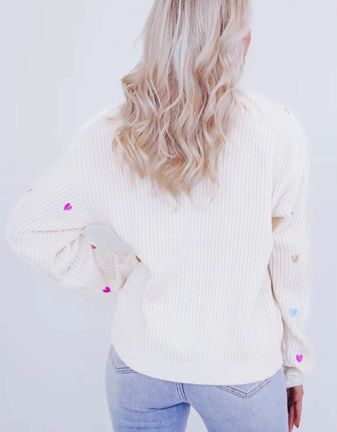 Beige Sequin Heart Shape Waffle Knit Round Neck Sweater