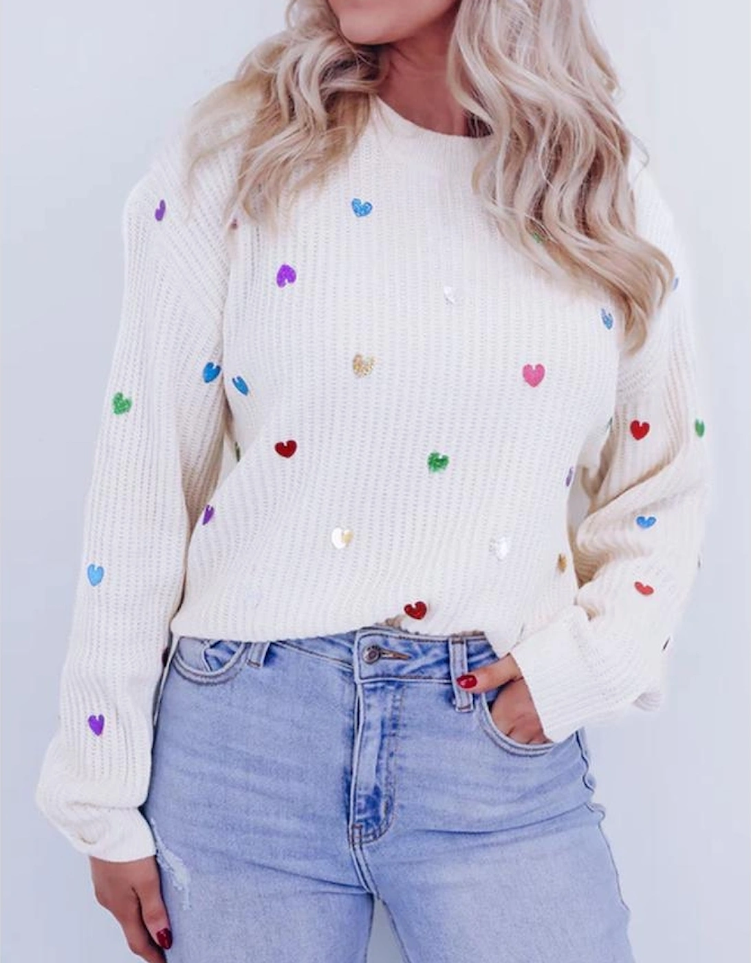 Beige Sequin Heart Shape Waffle Knit Round Neck Sweater