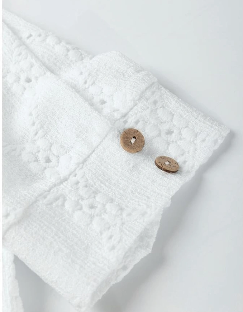 White Flower Geometric Textured Button Short Sleeve Top