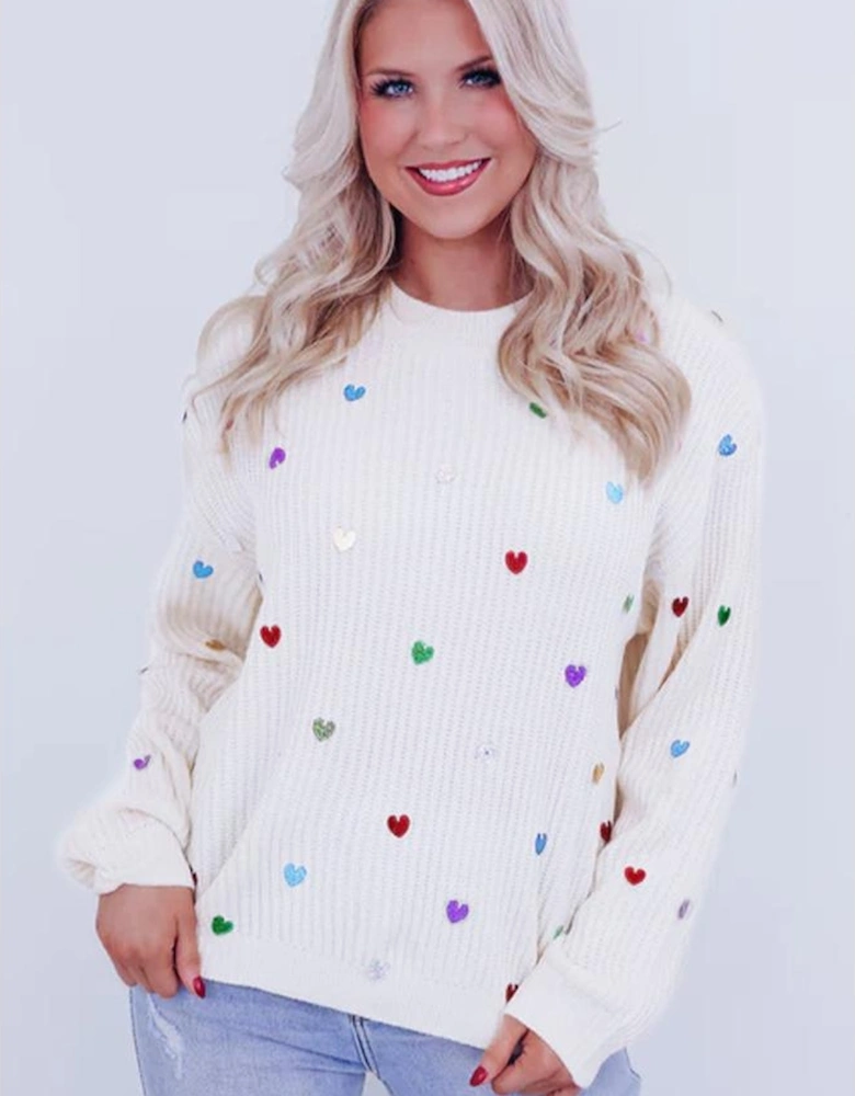 Beige Sequin Heart Shape Waffle Knit Round Neck Sweater