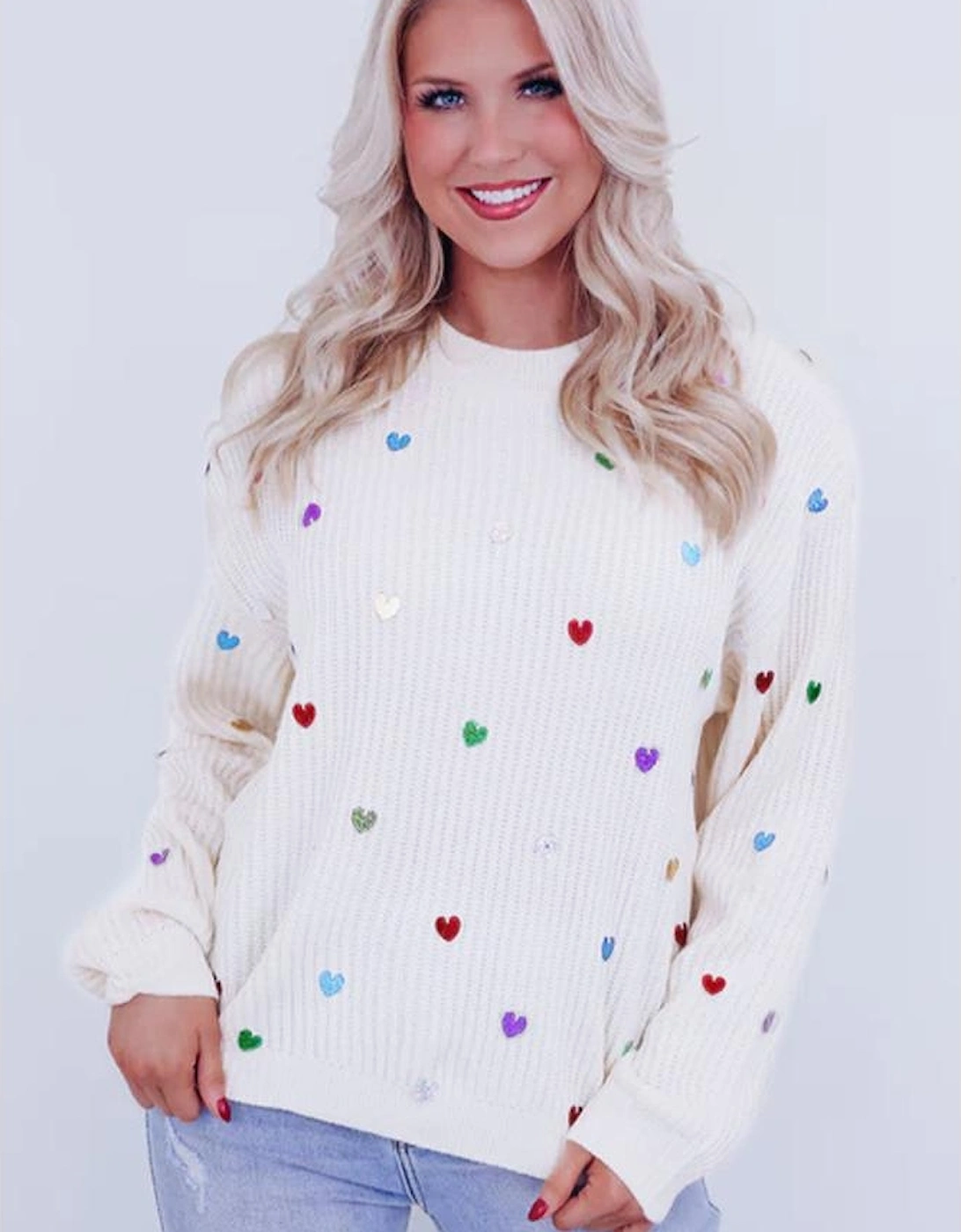 Beige Sequin Heart Shape Waffle Knit Round Neck Sweater