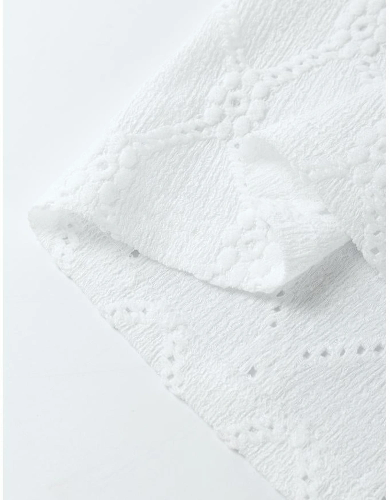 White Flower Geometric Textured Button Short Sleeve Top