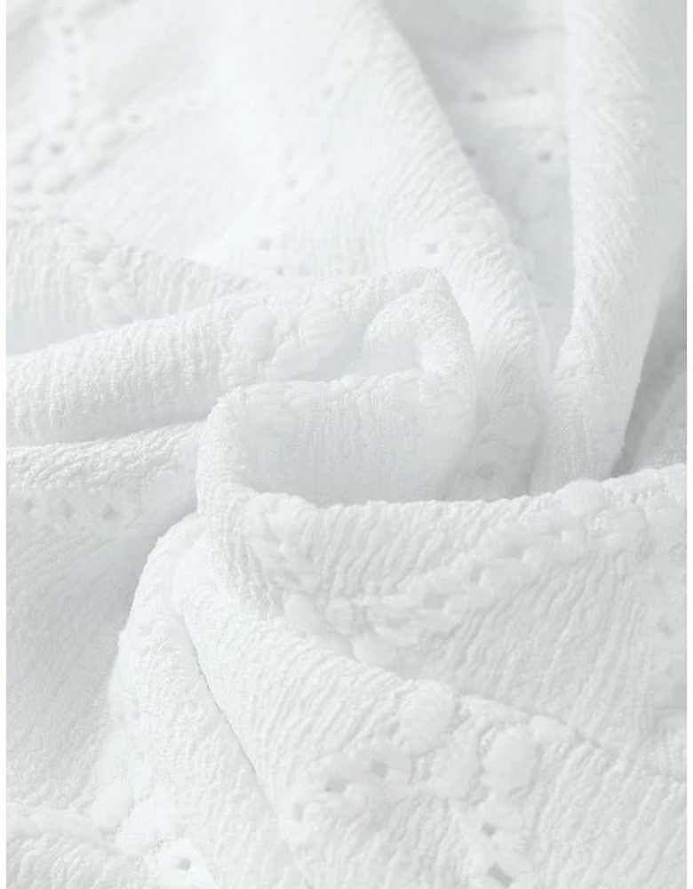 White Flower Geometric Textured Button Short Sleeve Top