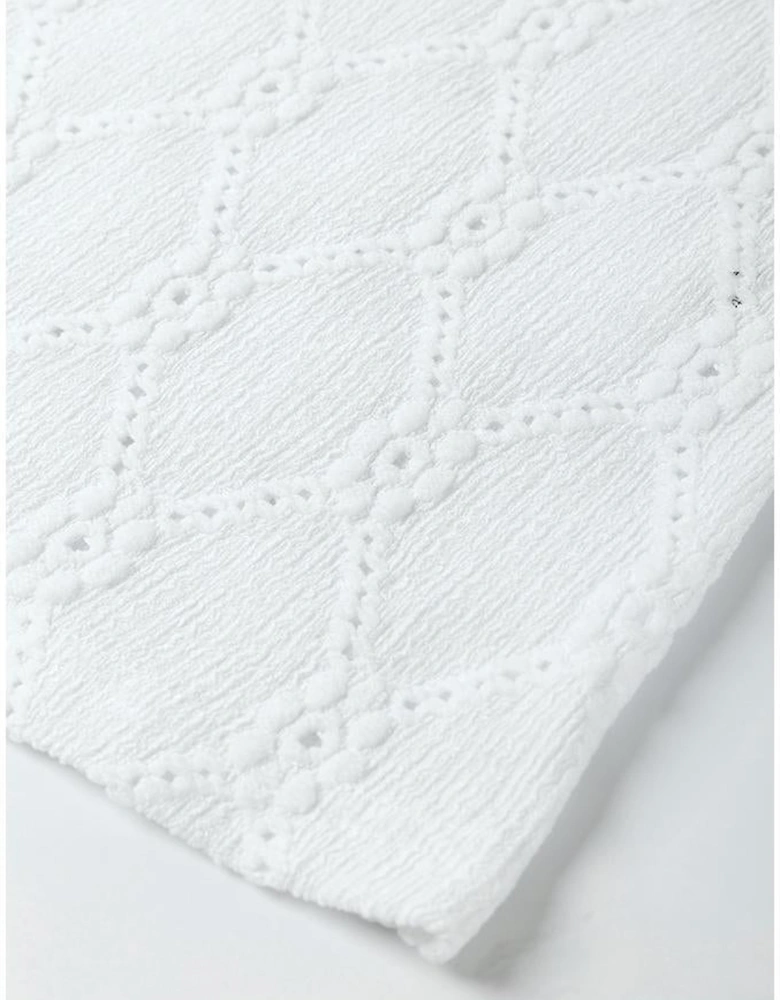 White Flower Geometric Textured Button Short Sleeve Top