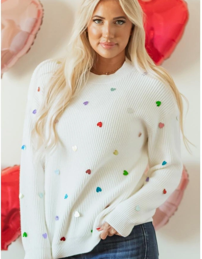 Beige Sequin Heart Shape Waffle Knit Round Neck Sweater
