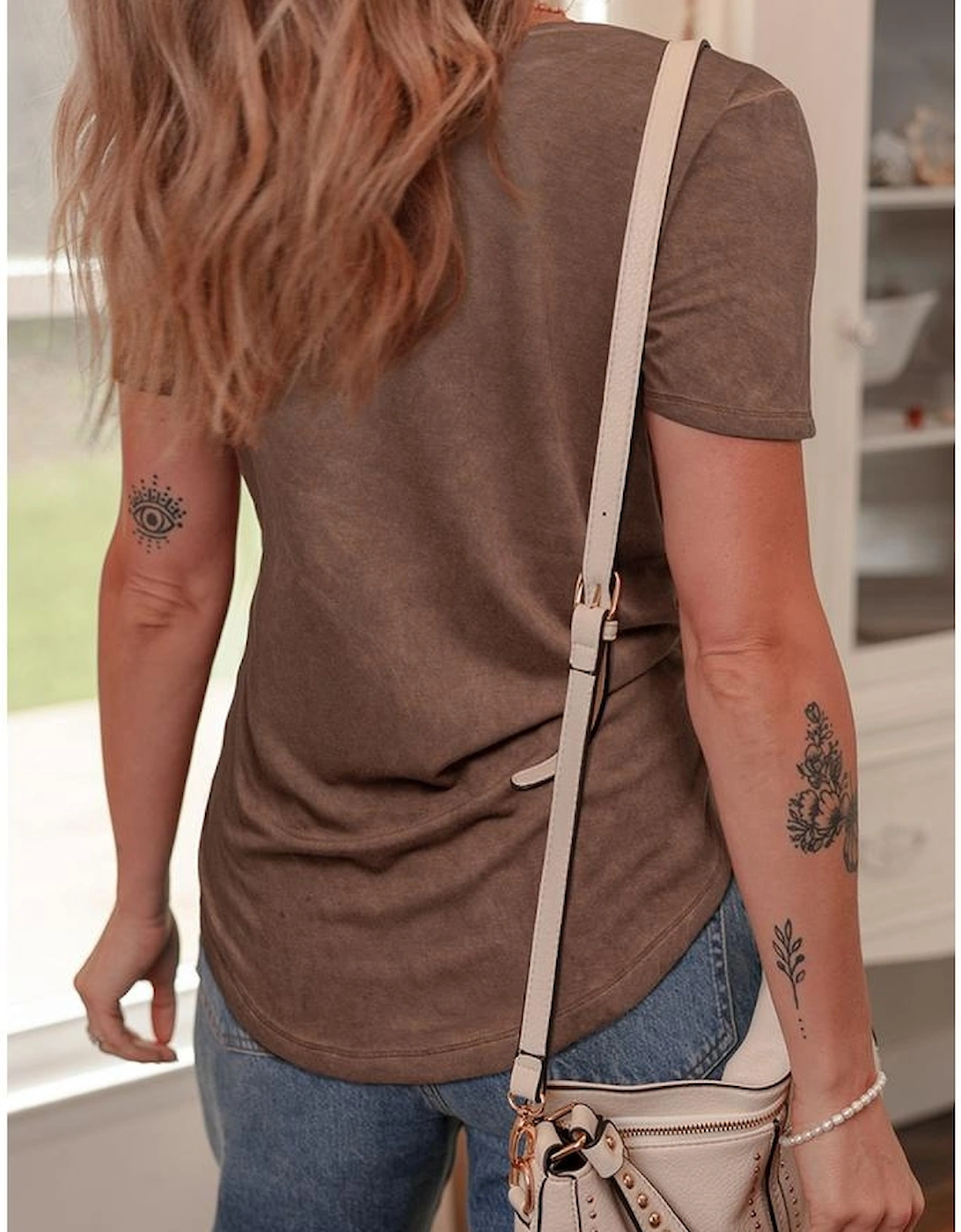 Chestnut Mineral Wash Criss Cross V Neck Casual T Shirt, 11 of 10