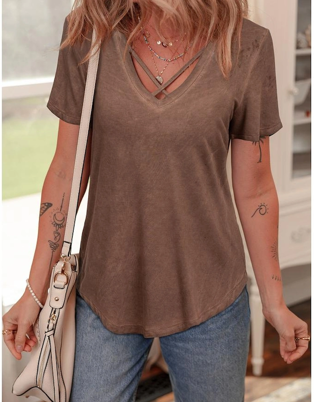 Chestnut Mineral Wash Criss Cross V Neck Casual T Shirt