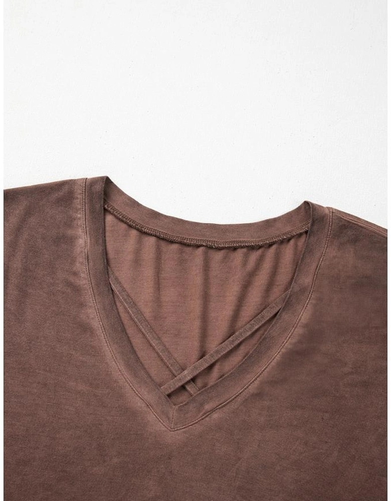 Chestnut Mineral Wash Criss Cross V Neck Casual T Shirt