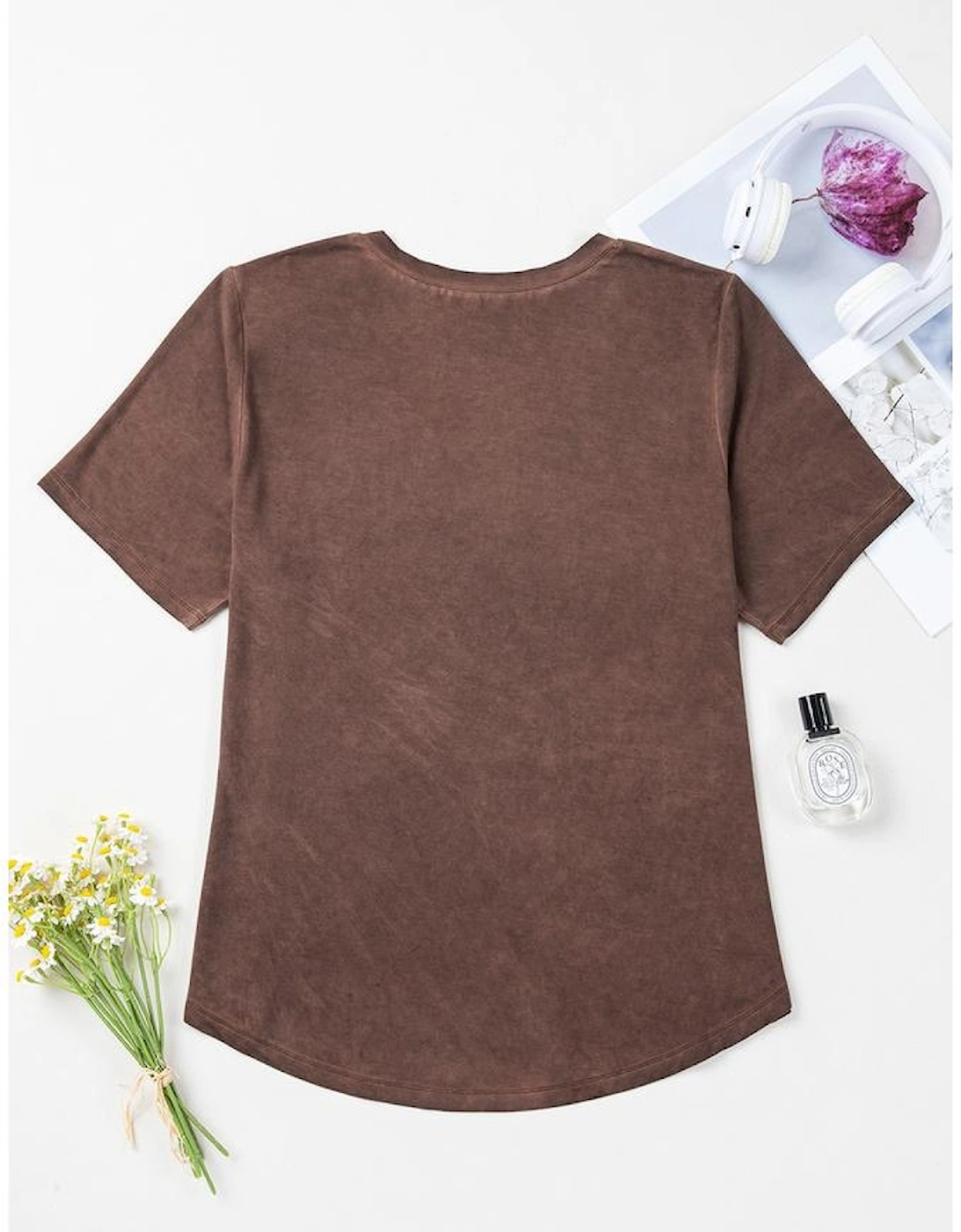 Chestnut Mineral Wash Criss Cross V Neck Casual T Shirt