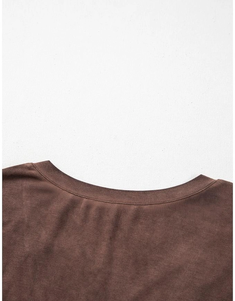 Chestnut Mineral Wash Criss Cross V Neck Casual T Shirt