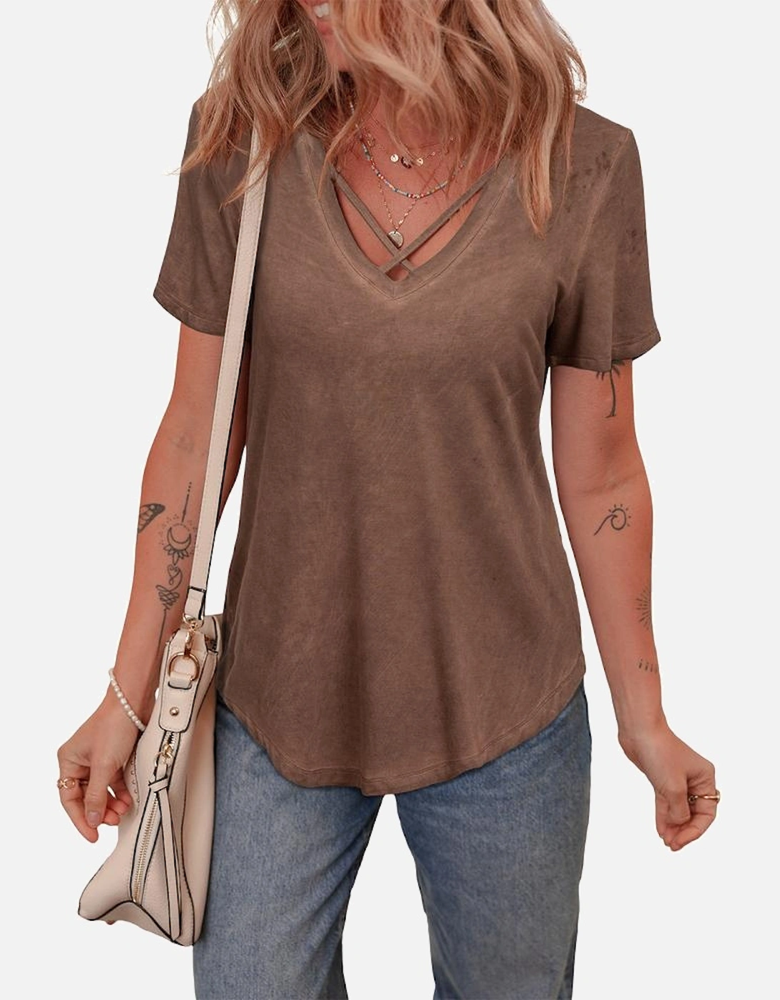 Chestnut Mineral Wash Criss Cross V Neck Casual T Shirt