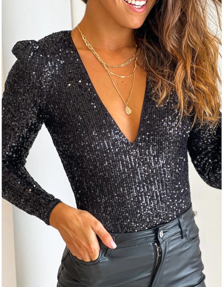 Black Sequin V Neck Zipped Long Sleeve Bodysuit