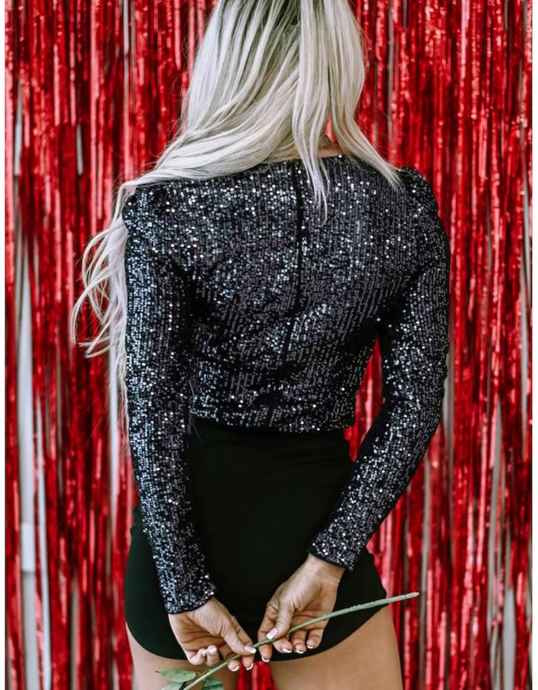 Black Sequin V Neck Zipped Long Sleeve Bodysuit