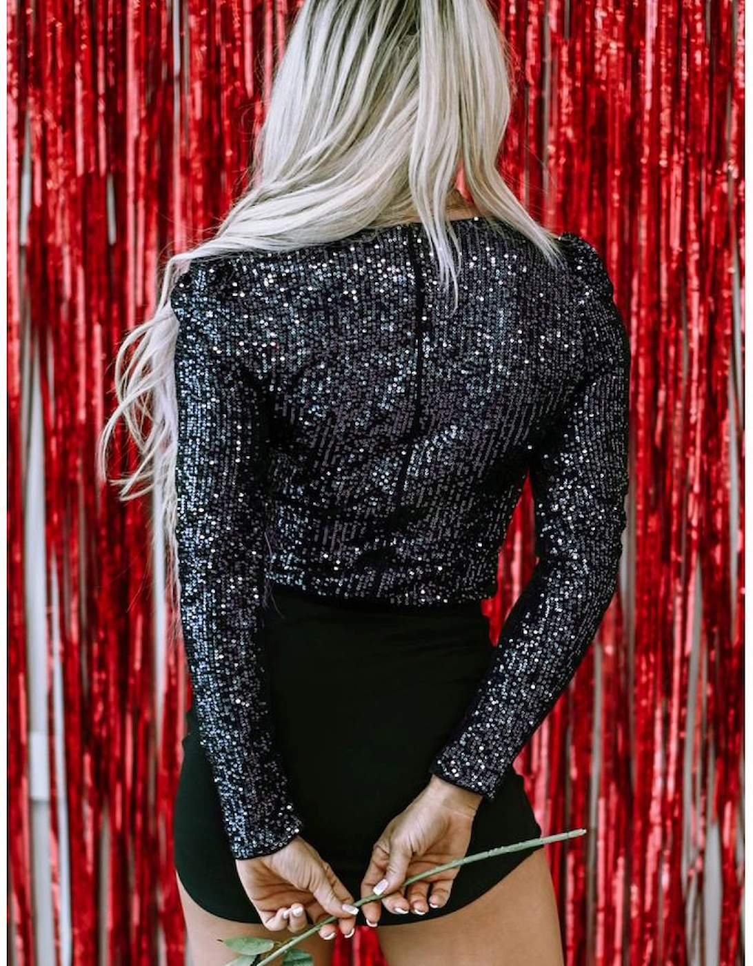 Black Sequin V Neck Zipped Long Sleeve Bodysuit