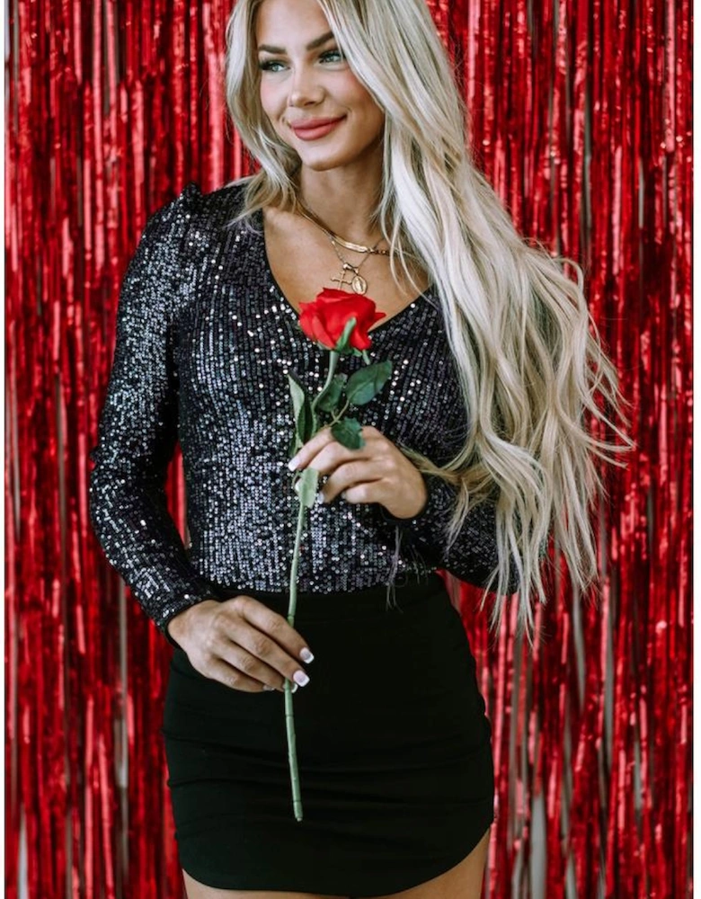 Black Sequin V Neck Zipped Long Sleeve Bodysuit