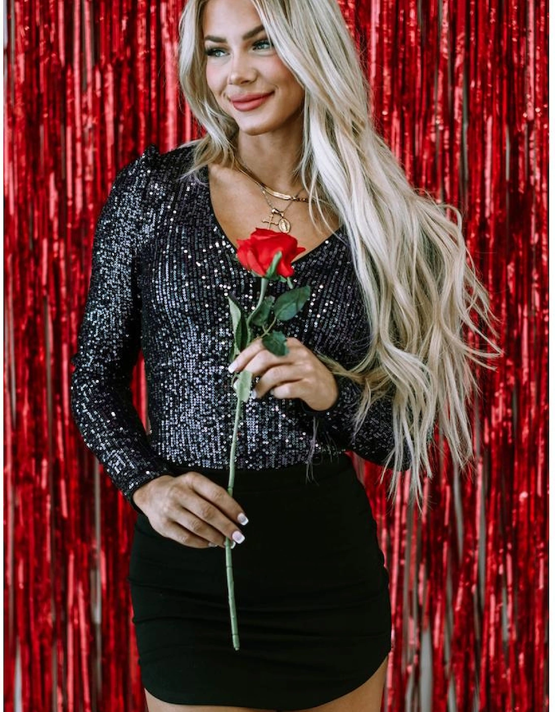 Black Sequin V Neck Zipped Long Sleeve Bodysuit