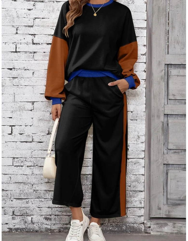 Black 2pcs Color Block Pullover Loose Pant Set