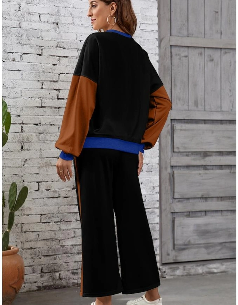 Black 2pcs Color Block Pullover Loose Pant Set