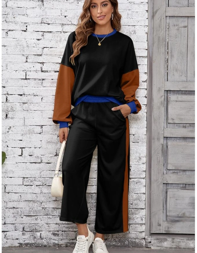Black 2pcs Color Block Pullover Loose Pant Set