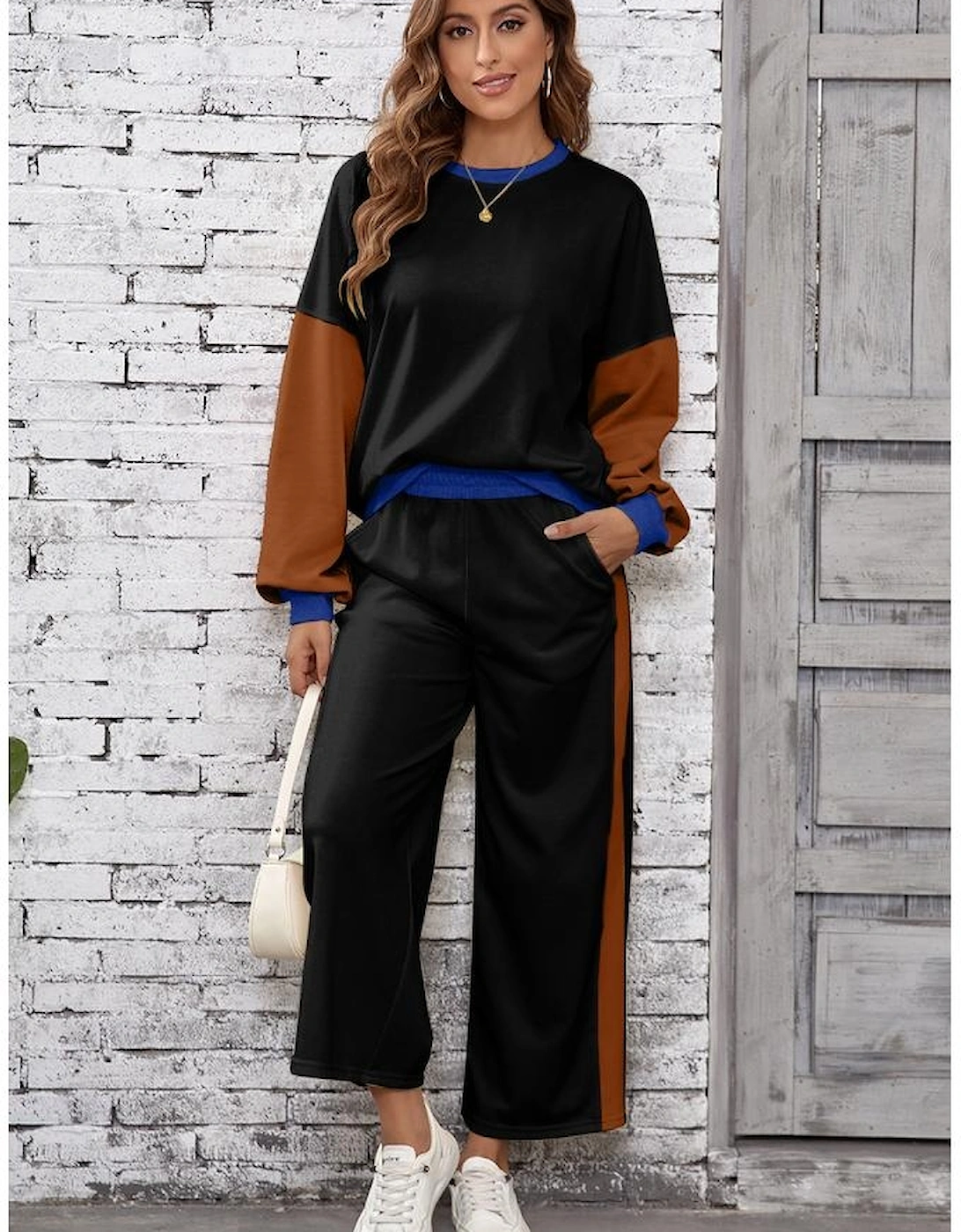 Black 2pcs Color Block Pullover Loose Pant Set