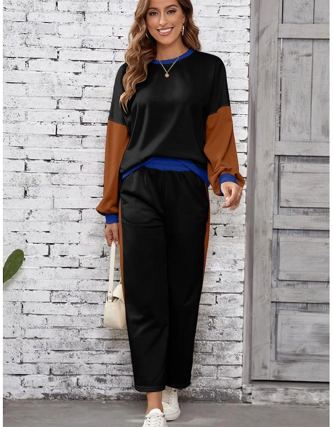 Black 2pcs Color Block Pullover Loose Pant Set