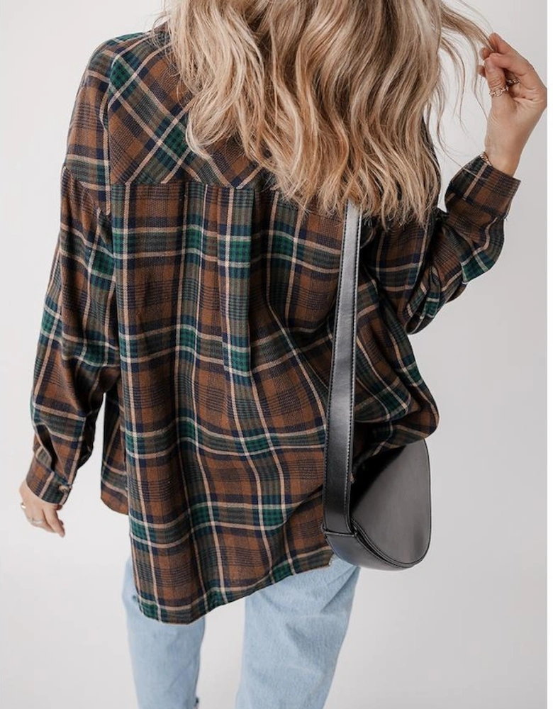 Brown Plaid Print Chest Pockets Buttoned Shirt Jacket