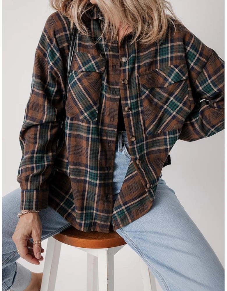 Brown Plaid Print Chest Pockets Buttoned Shirt Jacket