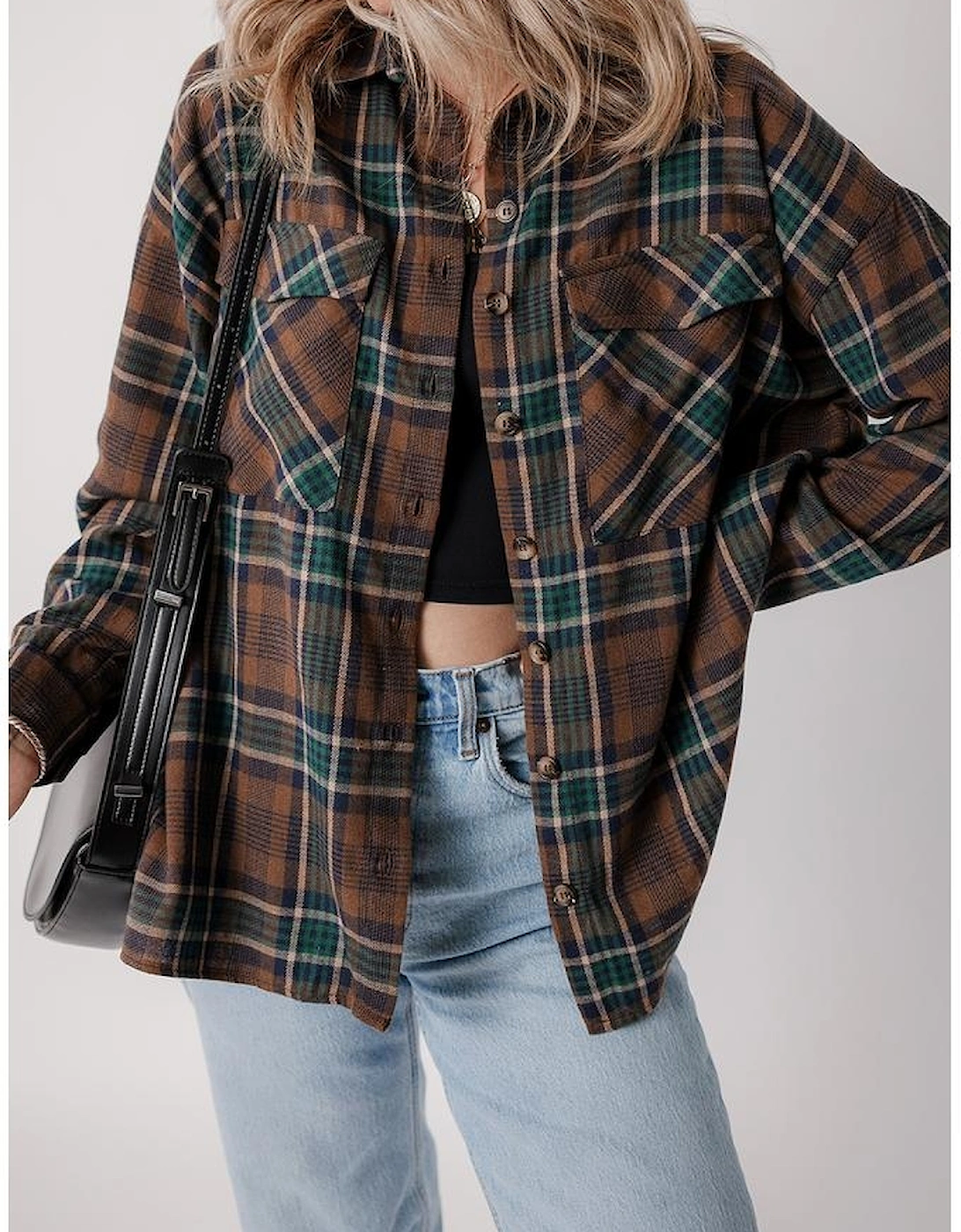 Brown Plaid Print Chest Pockets Buttoned Shirt Jacket