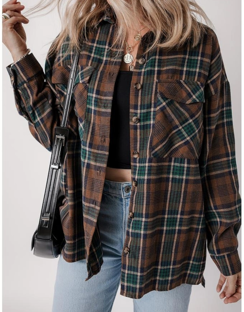 Brown Plaid Print Chest Pockets Buttoned Shirt Jacket