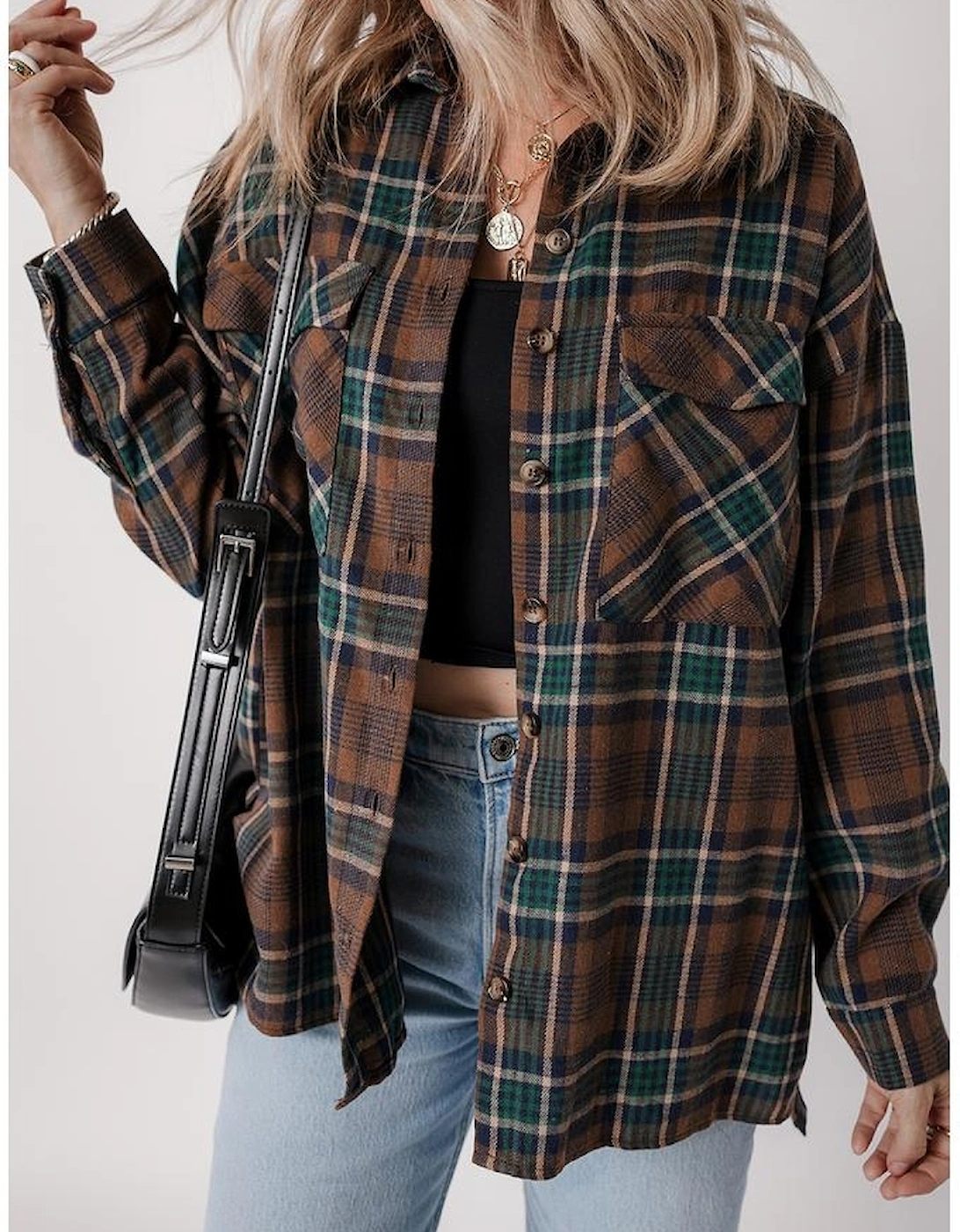 Brown Plaid Print Chest Pockets Buttoned Shirt Jacket