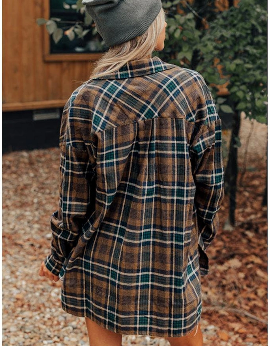 Brown Plaid Print Chest Pockets Buttoned Shirt Jacket