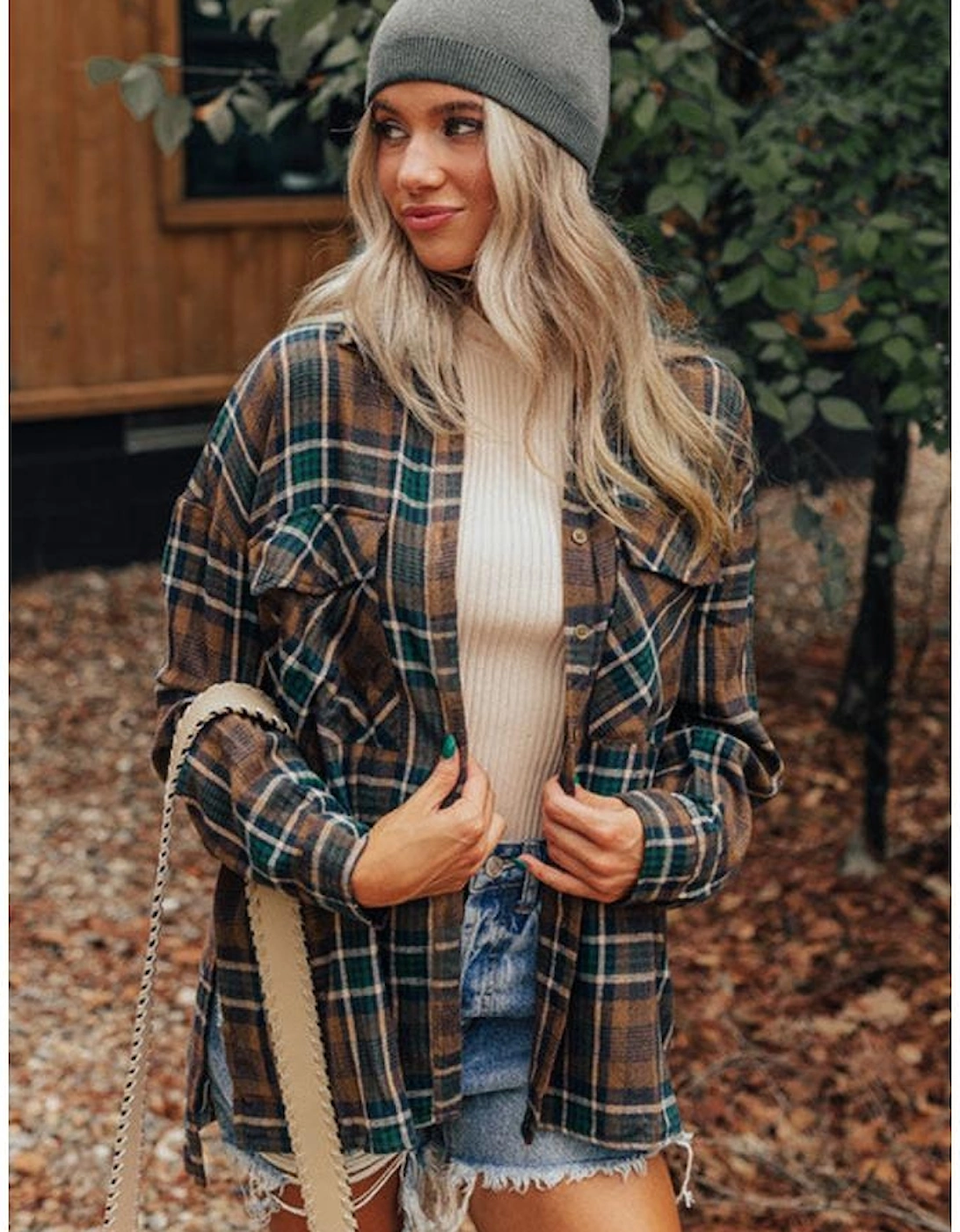 Brown Plaid Print Chest Pockets Buttoned Shirt Jacket