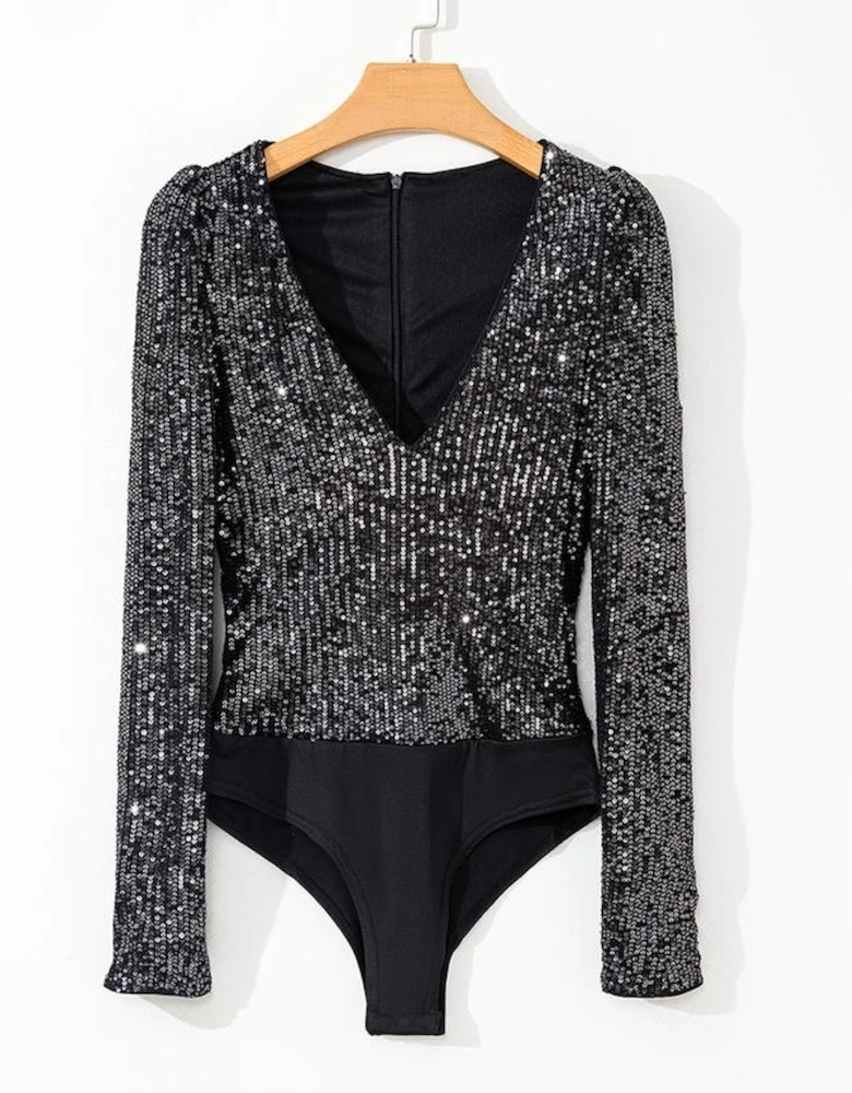 Black Sequin V Neck Zipped Long Sleeve Bodysuit