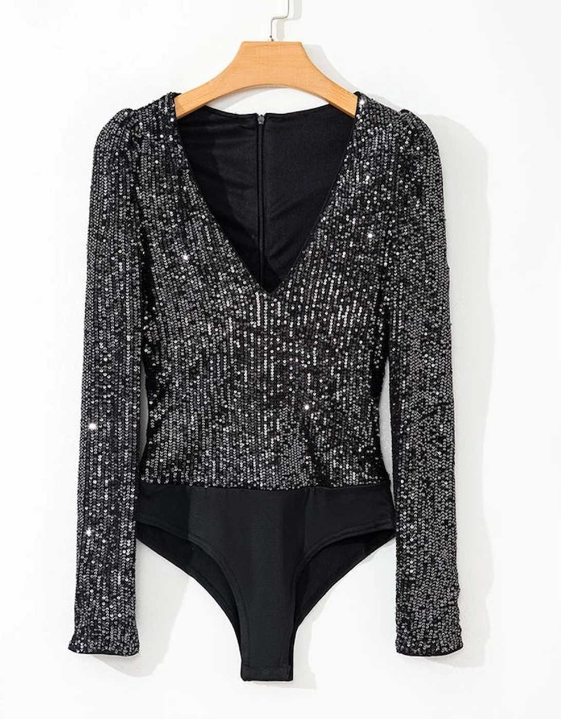 Black Sequin V Neck Zipped Long Sleeve Bodysuit