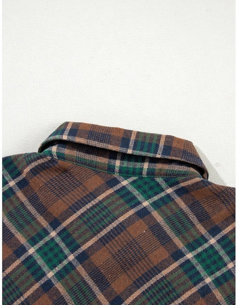Brown Plaid Print Chest Pockets Buttoned Shirt Jacket