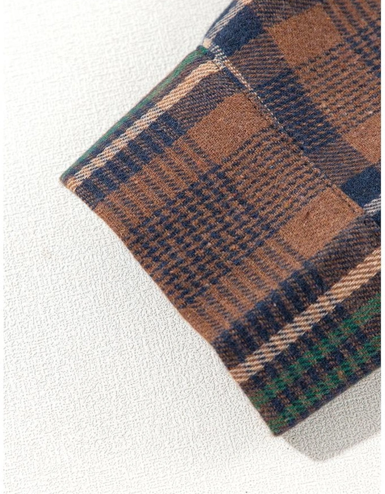 Brown Plaid Print Chest Pockets Buttoned Shirt Jacket