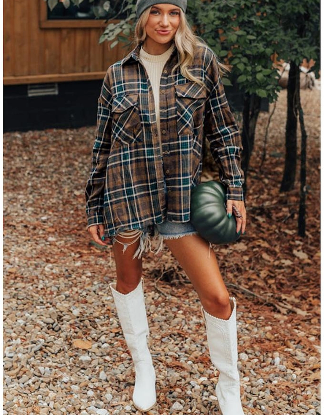 Brown Plaid Print Chest Pockets Buttoned Shirt Jacket