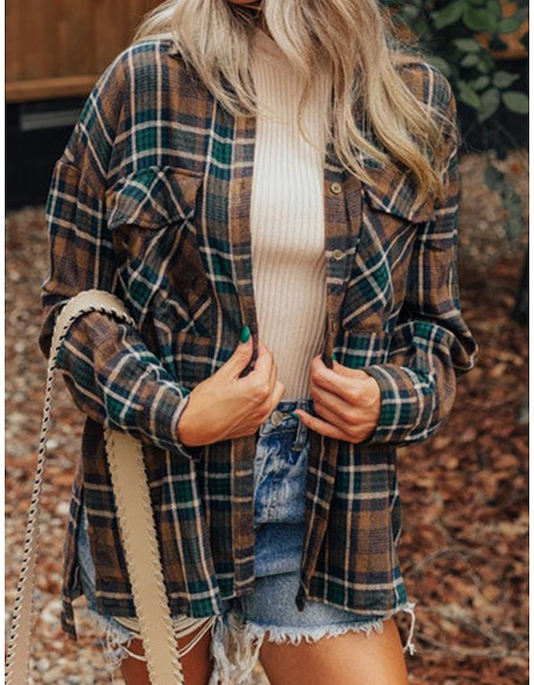 Brown Plaid Print Chest Pockets Buttoned Shirt Jacket