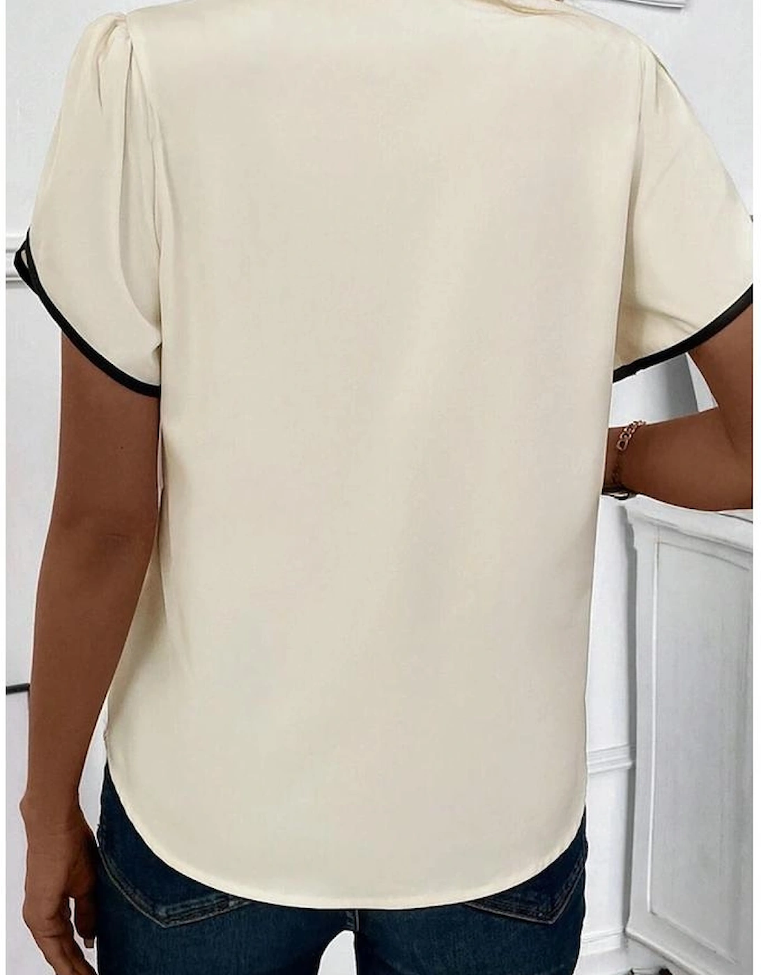 White Bow Knot Neckline Contrast Stripe Short Sleeve Blouse, 13 of 12